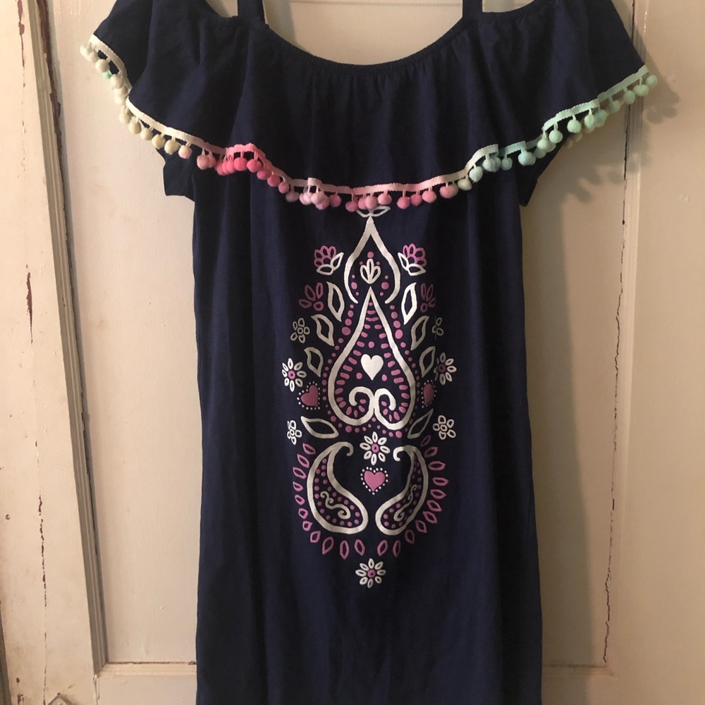 Girls 18/20 Justice Navy Blue Dress Pom Pom Off Shoulder Ruffle EUC